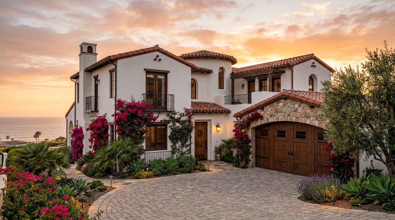 George Sharif Garage Door Masters Exterior Closed Garage Door at Twilight