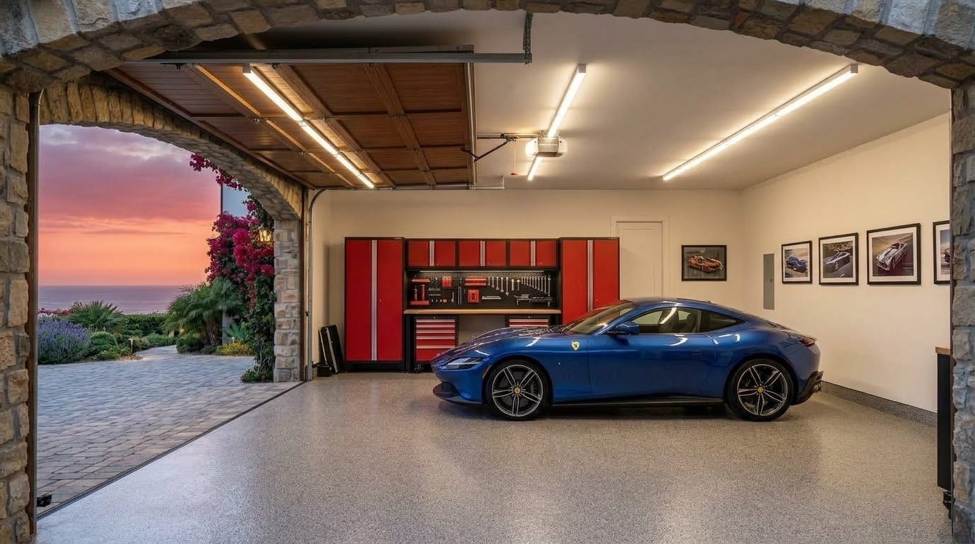 George Sharif Garage Door Masters Interior View of Custom Garage Door Overhead and Workshop